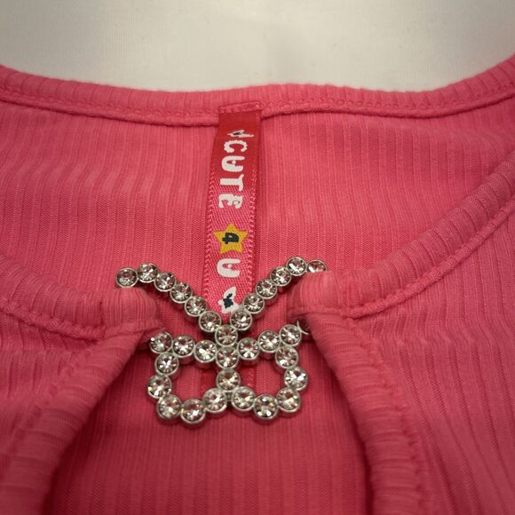 Cute 4 U Girls Pink Top with Rhinestone Butterfly Ruched at Sides Girls Size 14 - Picture 4 of 5